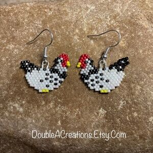 Black and White Chicken Beaded Earrings, New, Handmade by Me